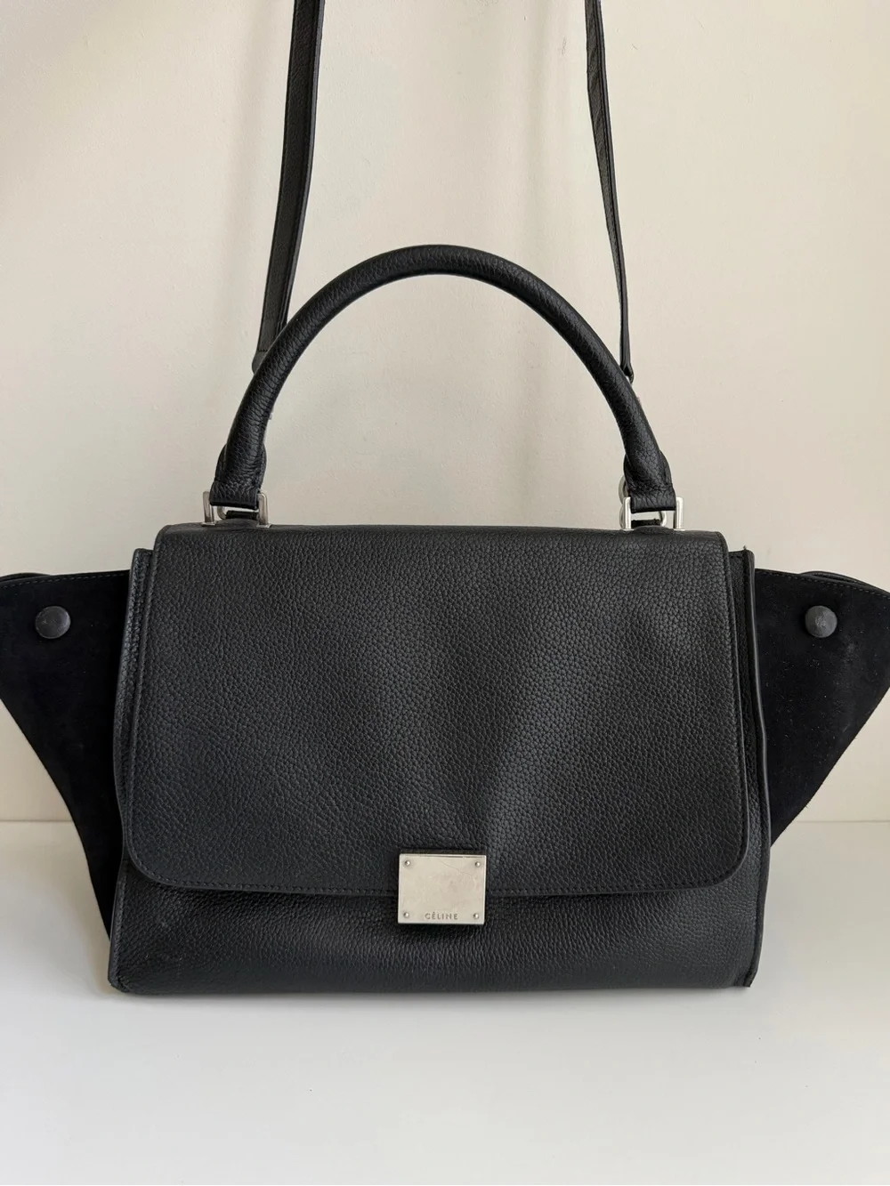 Authentic CELINE Small Trapeze Black Leather Suede Handbag